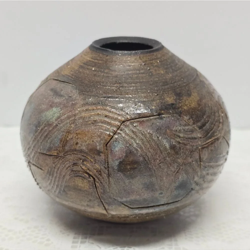 Vintage Studio Pottery Brown Textured Small Vase Rustic Cottage MCM Boho